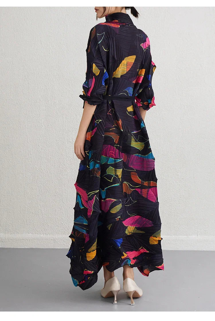 Japanese Pleated Midi Dress - Abstract Print