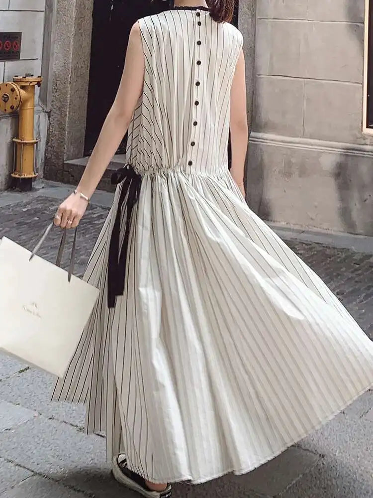 Cotton Sleeveless Striped Dress with Button Back