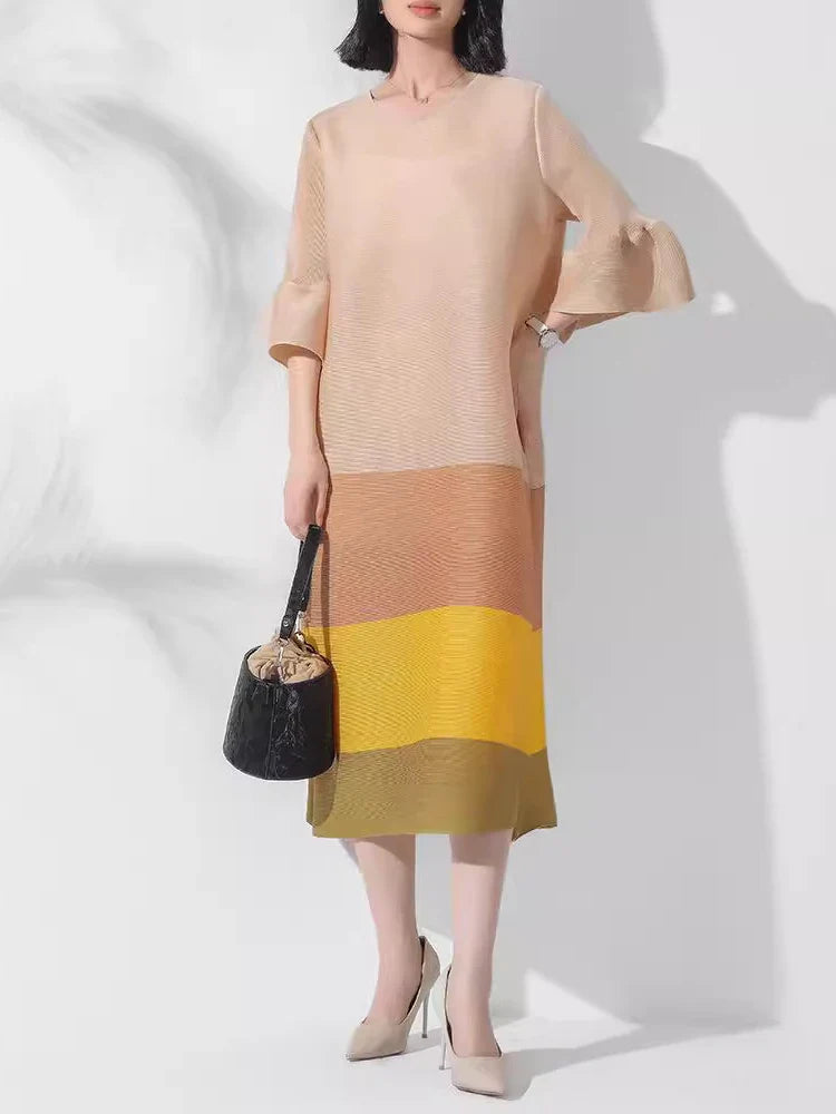 Japanese Pleated Midi Dress with Colorblock
