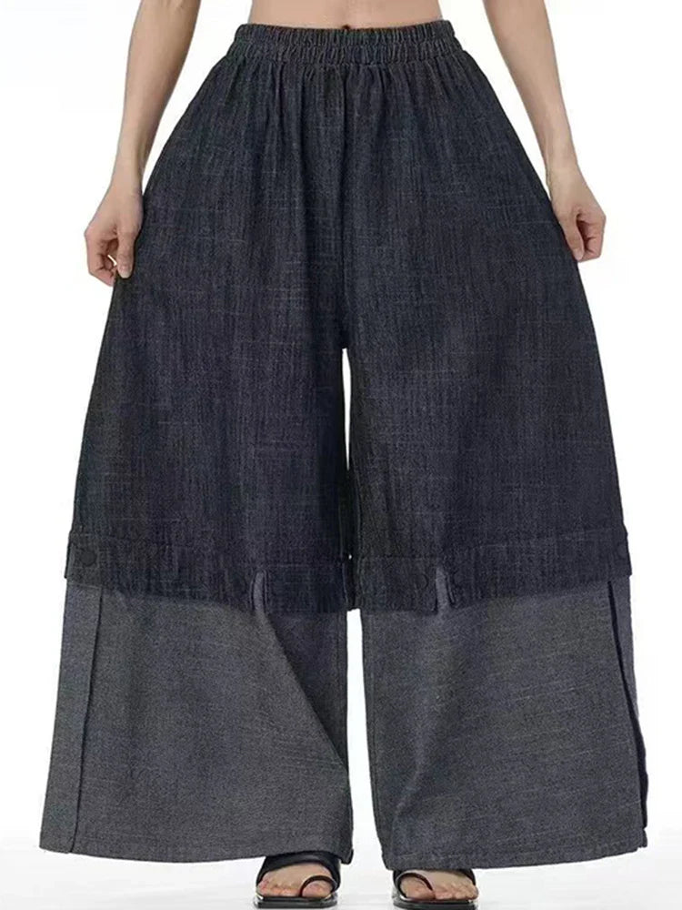Cotton Denim Wide-Leg Pants with Elastic Waistband