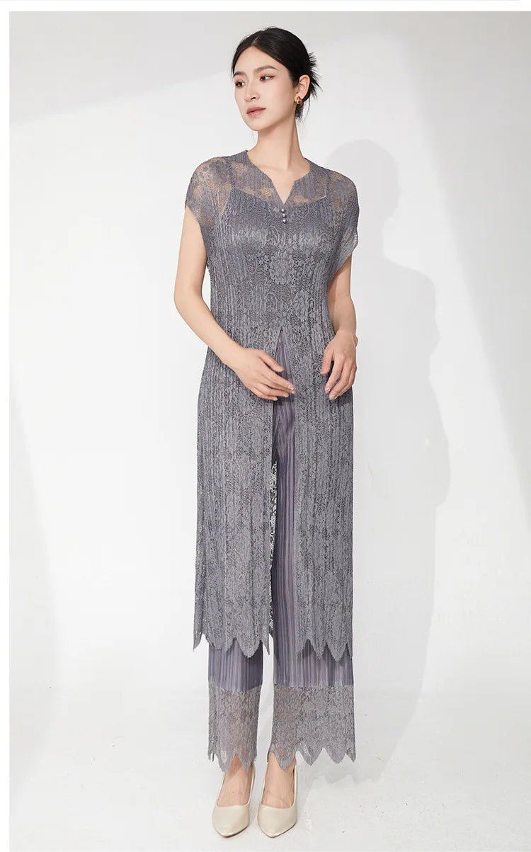 Lace Pleated Pant Suit 2-Piece Set