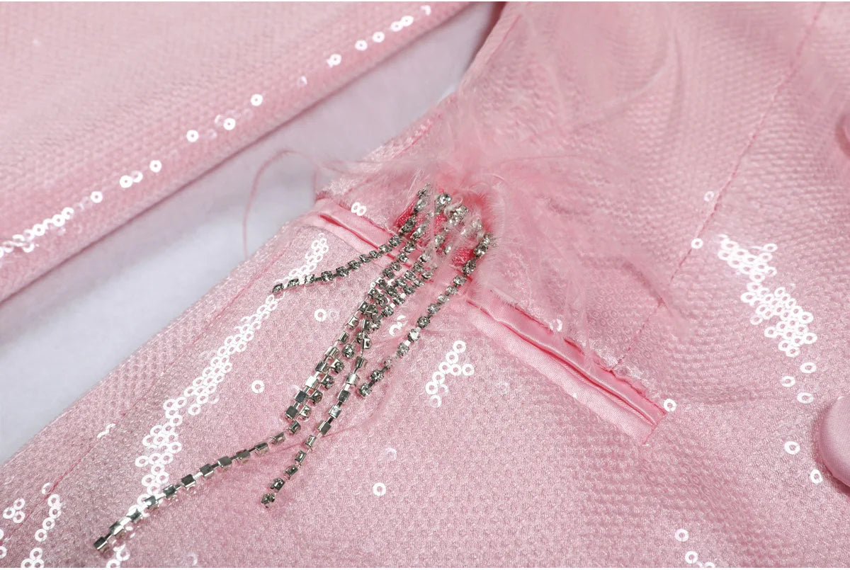 Glam Pink Sequin Feather Rhinestone Blazer