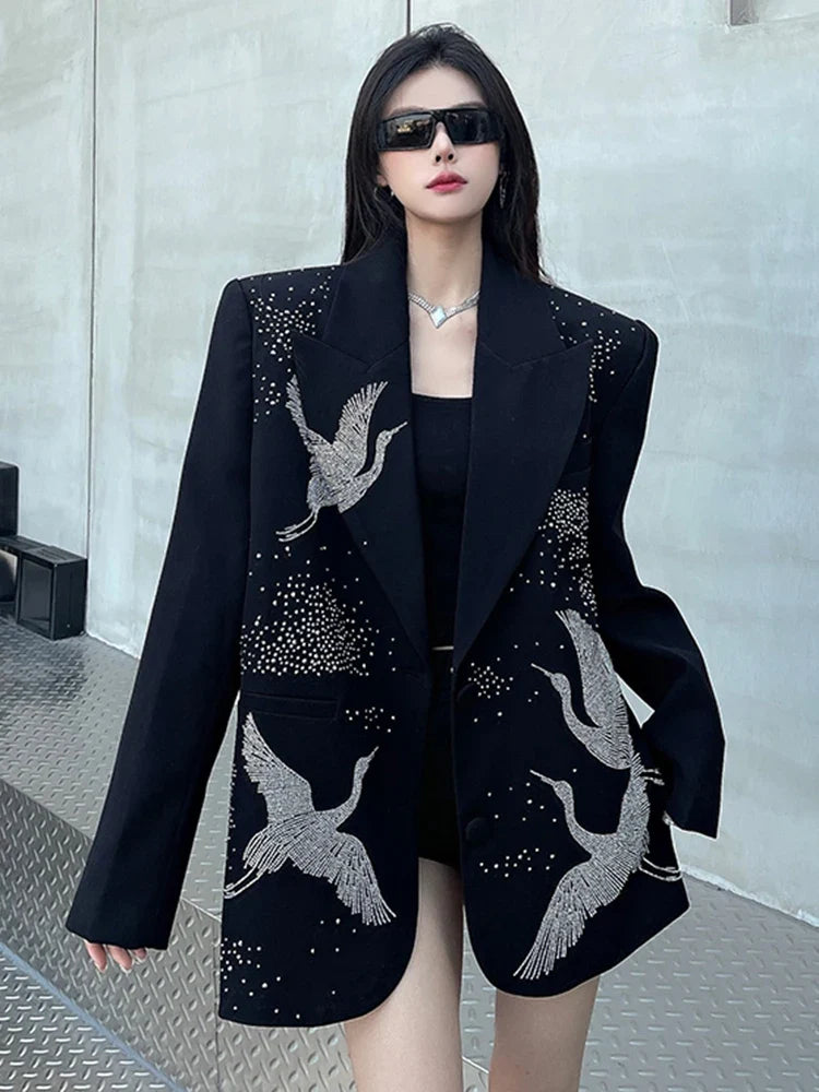 Oversized Blazer with Crane Rhinestones