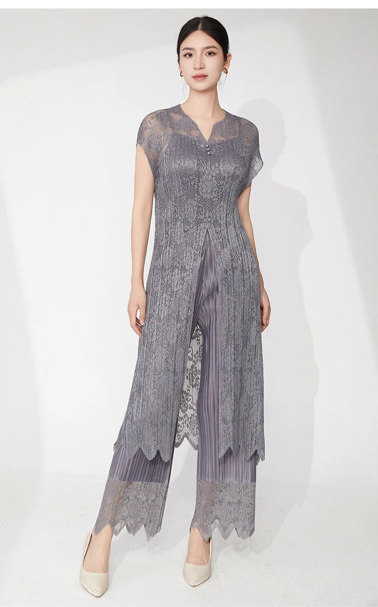 Lace Pleated Pant Suit 2-Piece Set