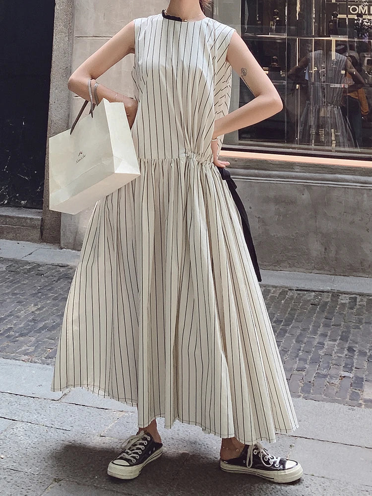 Cotton Sleeveless Striped Dress with Button Back