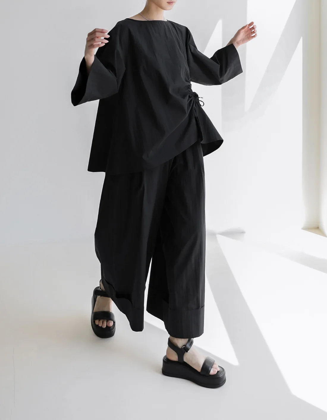 Cotton-Blend Wide-Leg Pants with Elastic Waistband