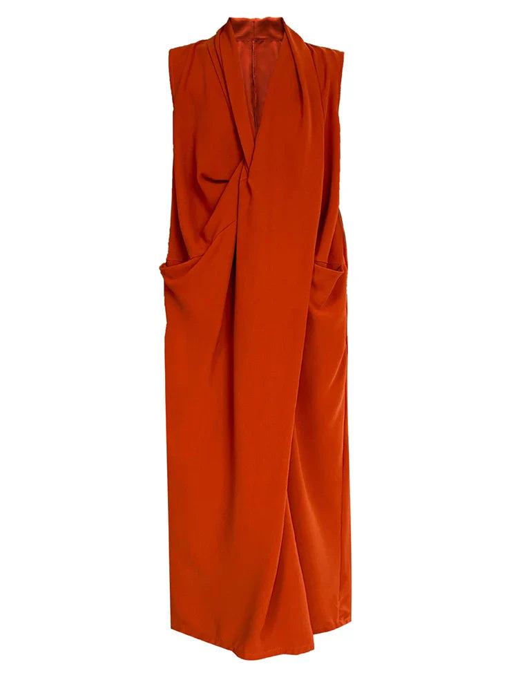 Elegant Draped Sleeveless Midi Dress with Pockets