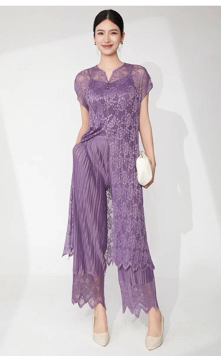 Lace Pleated Pant Suit 2-Piece Set