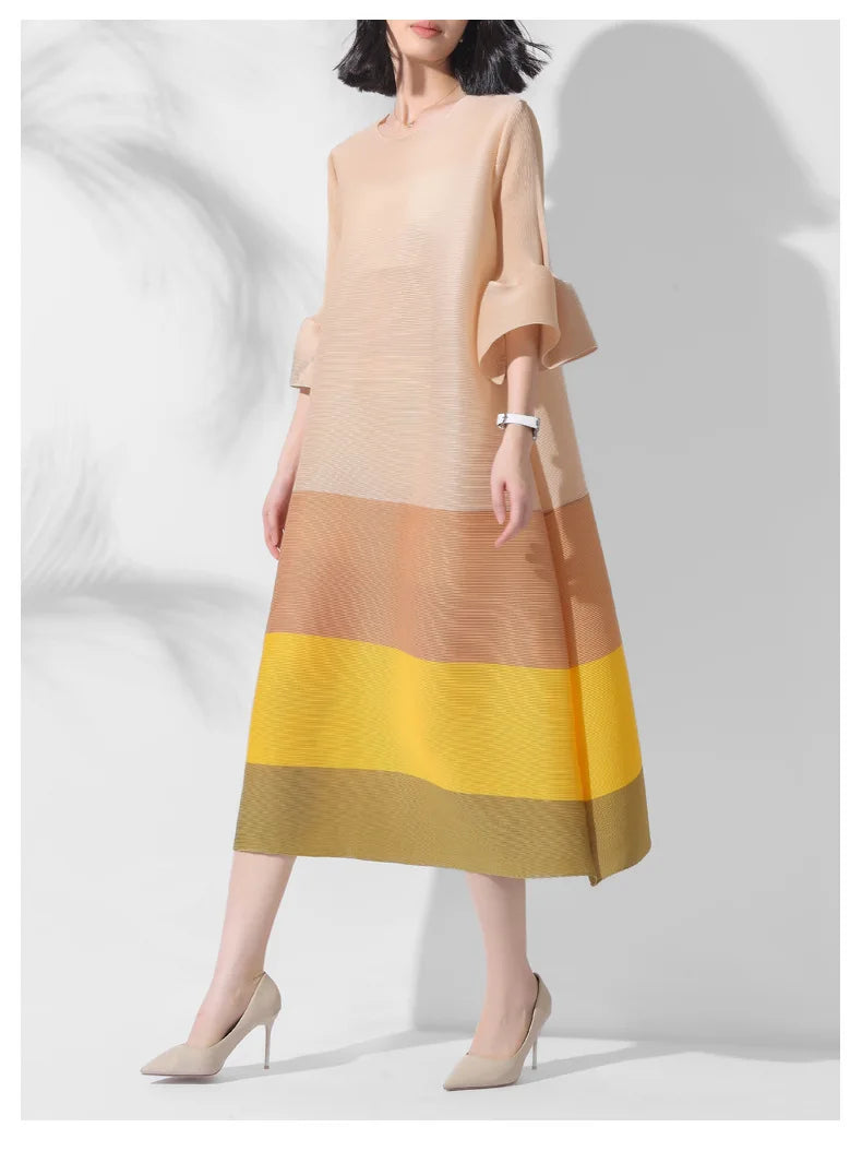 Japanese Pleated Midi Dress with Colorblock
