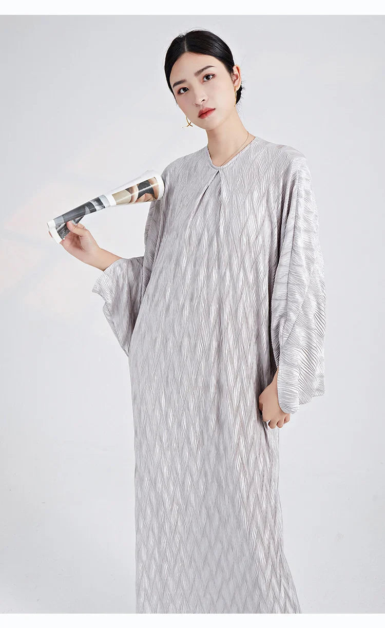 Genuine Pleated Batwing Sleeve Midi Dress