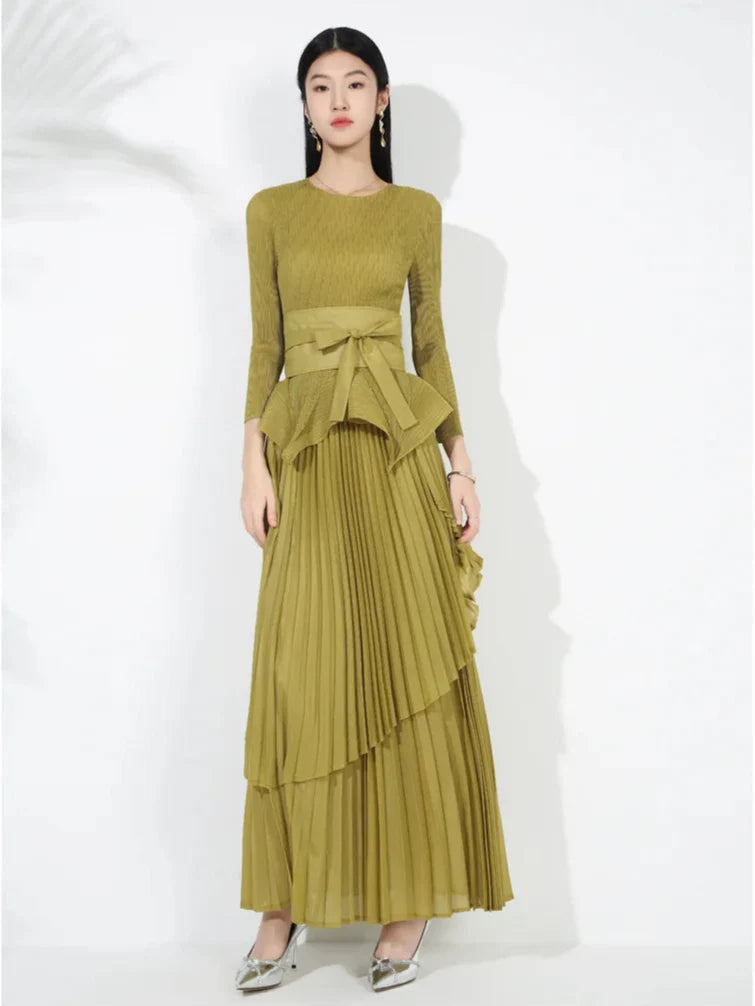 Maxi Skirt Set with Pleated Long Sleeve Top