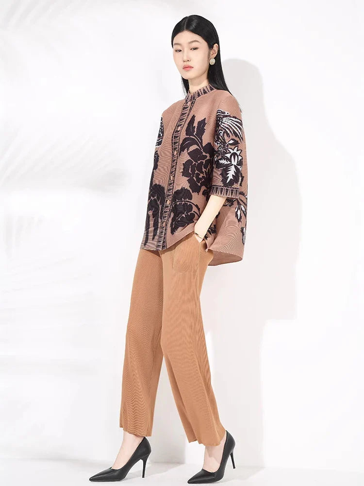 Plissé Set - Floral Top & Pleated Palazzo Pant
