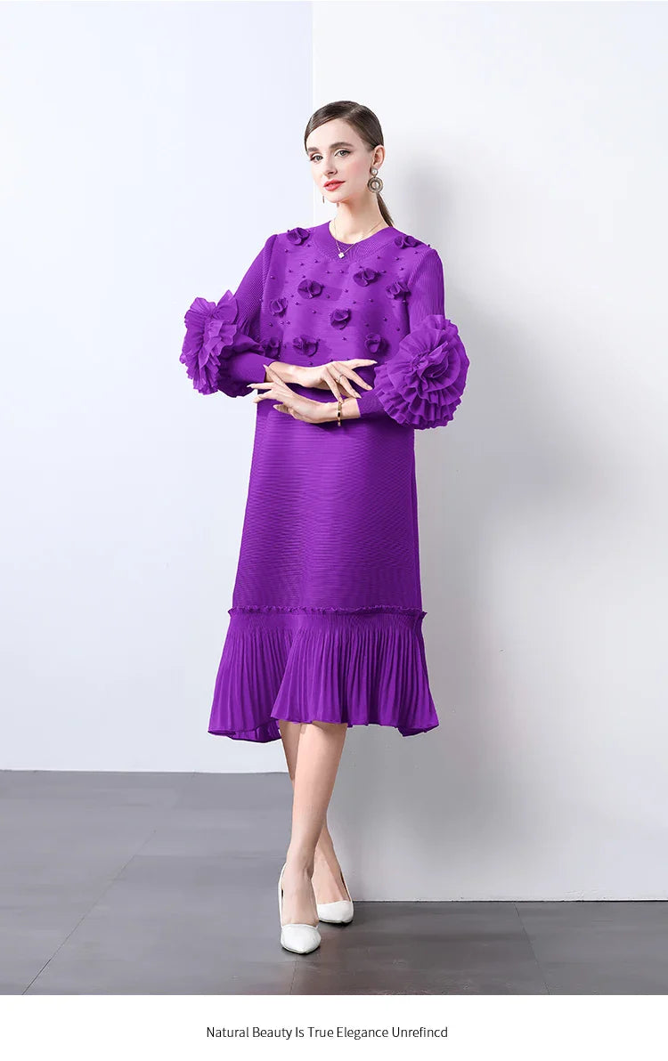 Cocktail Party Dress - Pleated Midi, Statement Sleeves