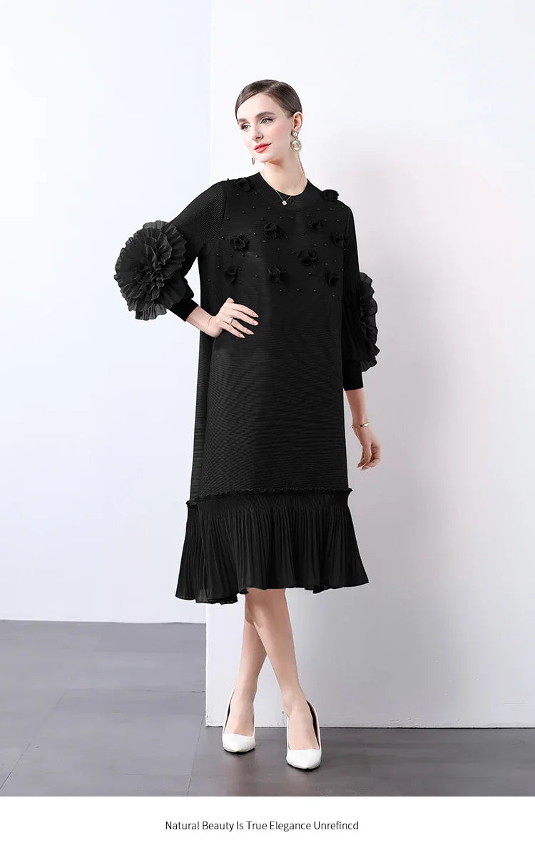 Cocktail Party Dress - Pleated Midi, Statement Sleeves