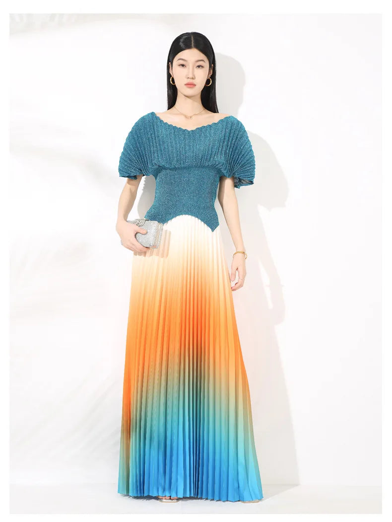 Metallic Pleated Top & Plisse Maxi Skirt Set