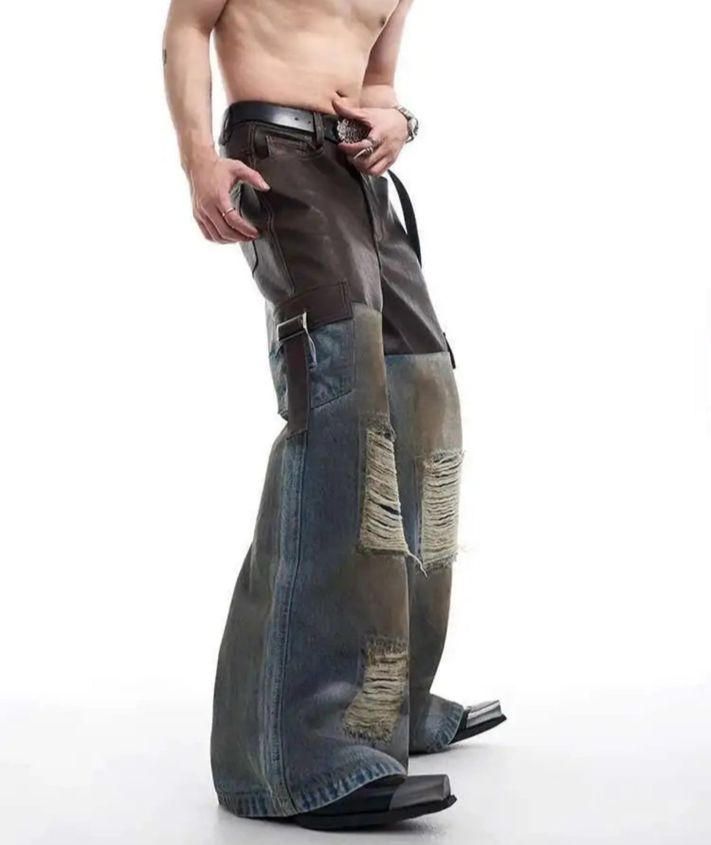Men's Vegan Leather & Distressed Denim Set