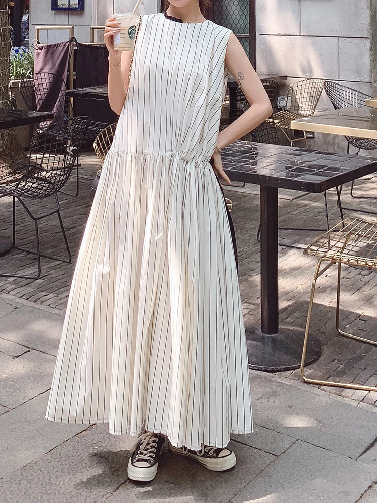 Cotton Sleeveless Striped Dress with Button Back