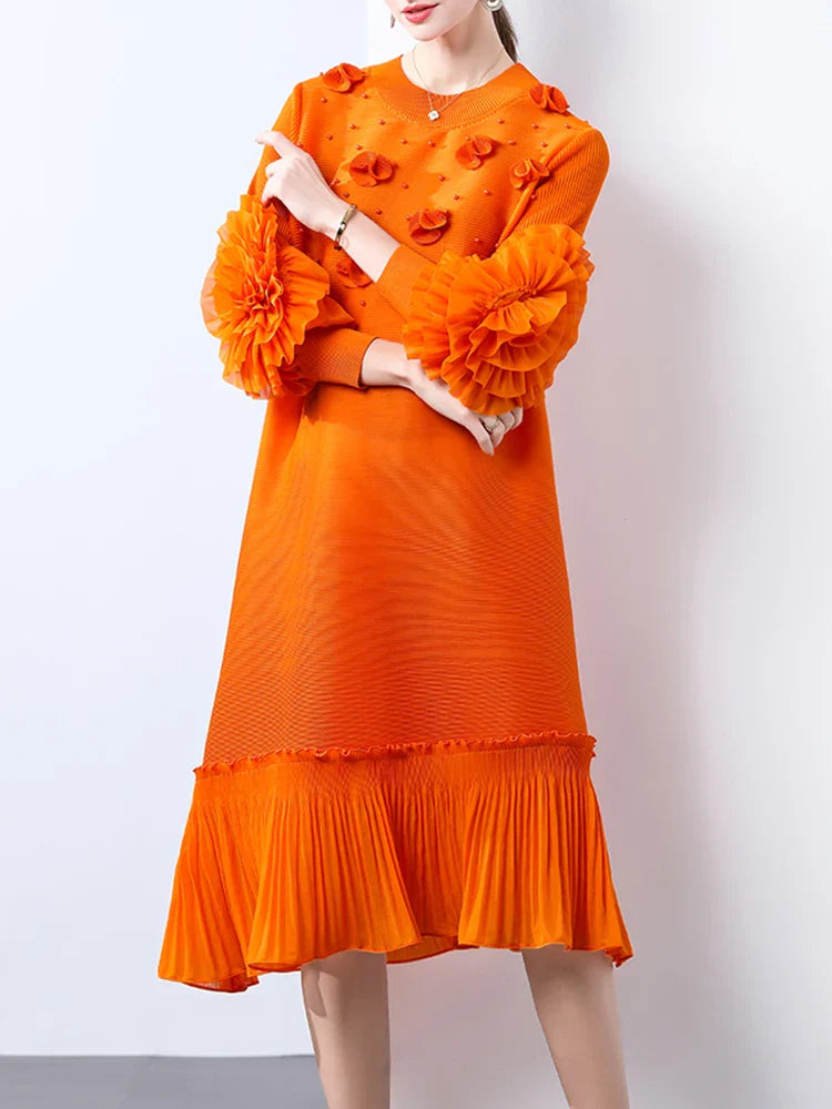 Cocktail Party Dress - Pleated Midi, Statement Sleeves