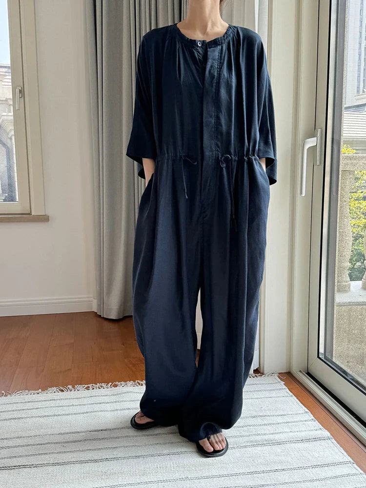 Oversized Linen Blend Jumpsuit - Wide Leg