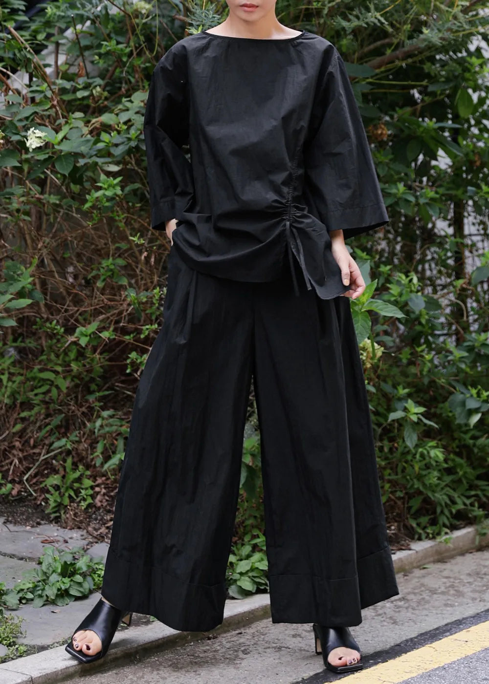 Cotton-Blend Wide-Leg Pants with Elastic Waistband