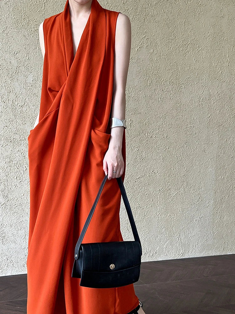 Elegant Draped Sleeveless Midi Dress with Pockets