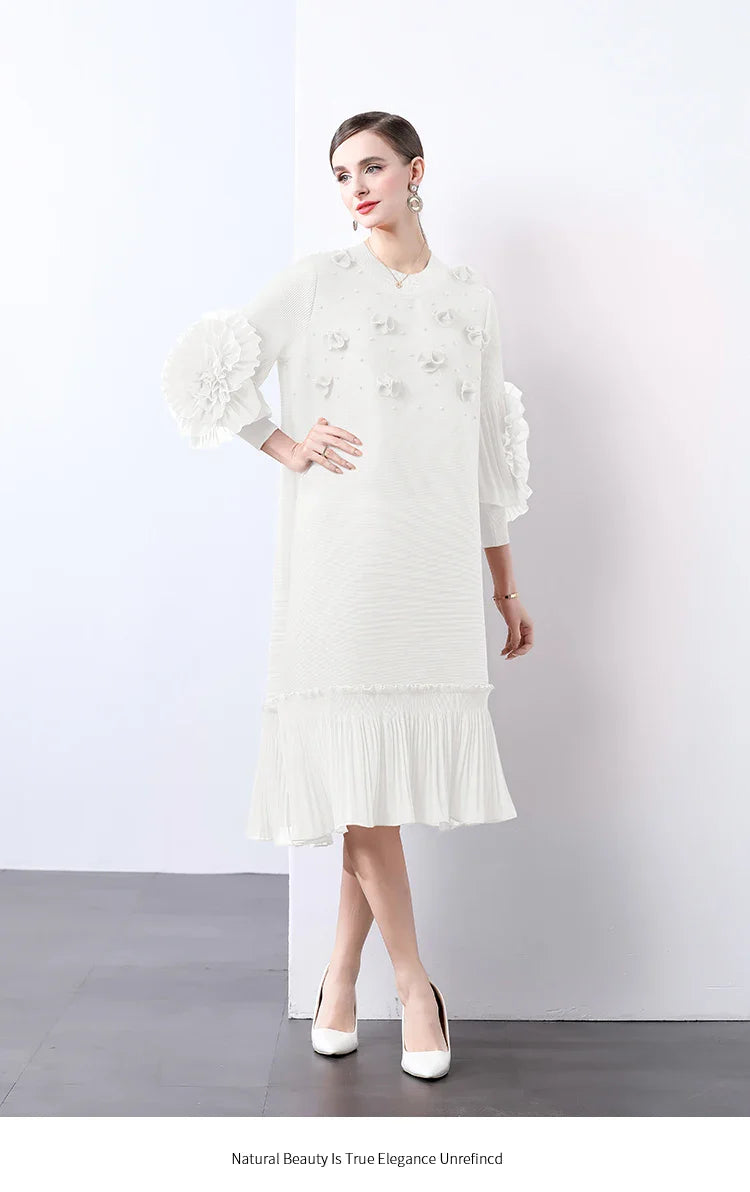 Cocktail Party Dress - Pleated Midi, Statement Sleeves