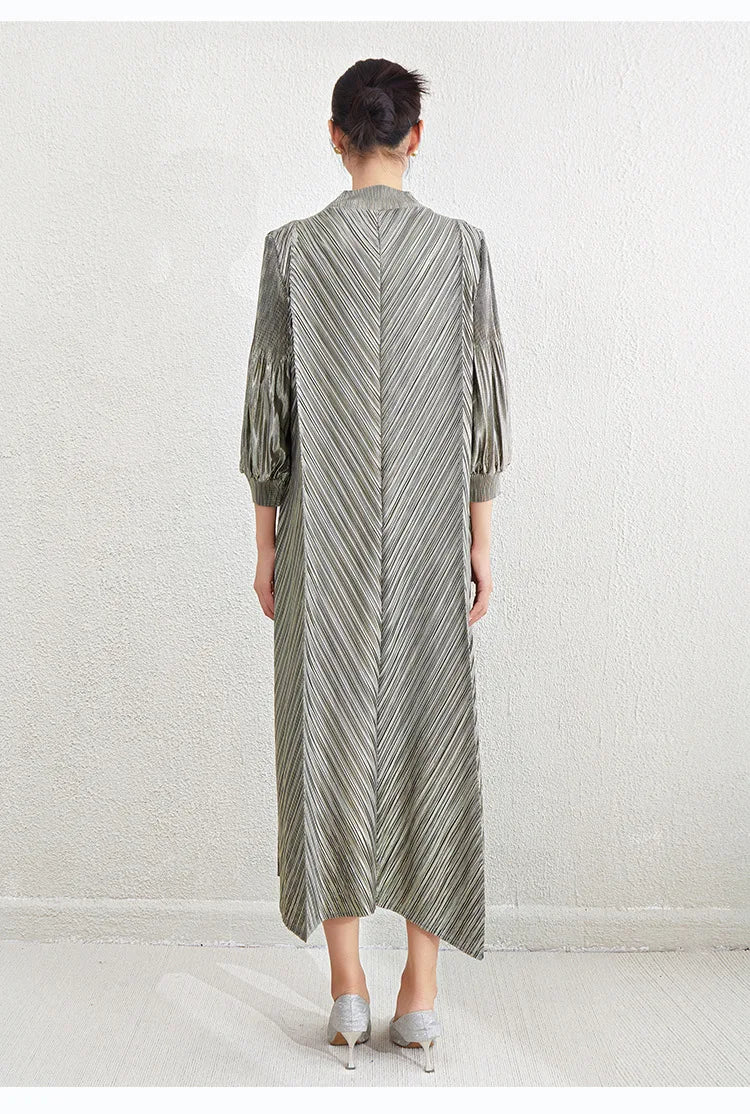 Metallic Pleated Midi Dress with Mock Neck & Bishop Sleeves