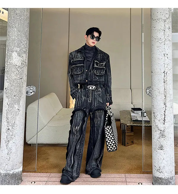 Men's Black Denim 2-Piece Set High Streetwear