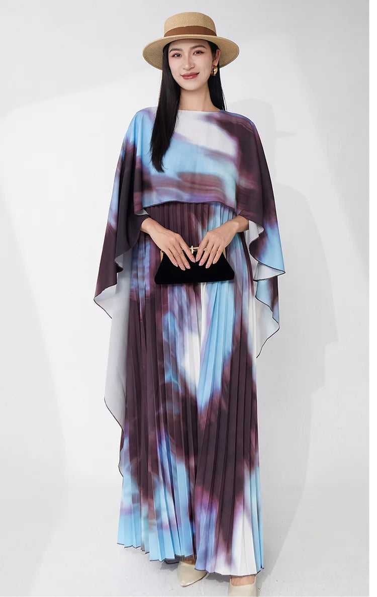 Pleated Watercolor Cape Dress