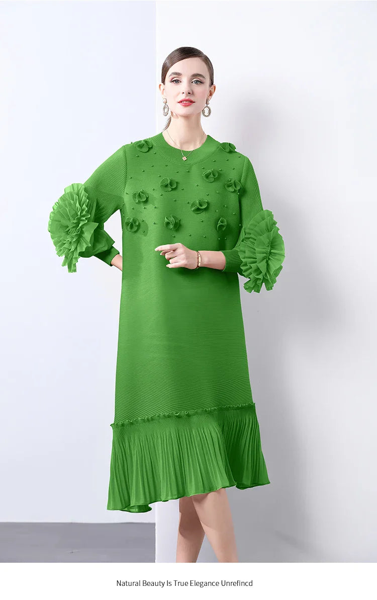 Cocktail Party Dress - Pleated Midi, Statement Sleeves