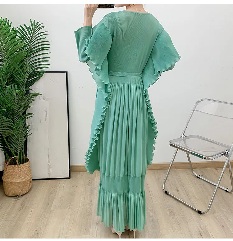 Designer Pleated Midi Dress - Ruffle Detail