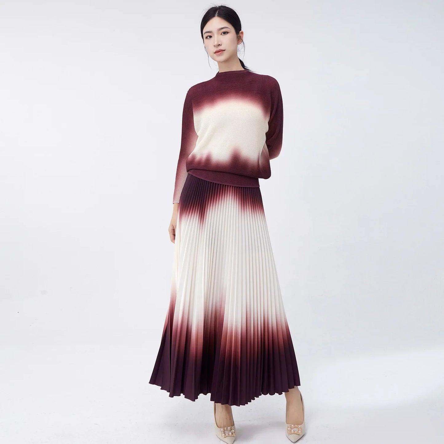 Luxury Burgundy Ombre Pleated Skirt & Top Co-Ord