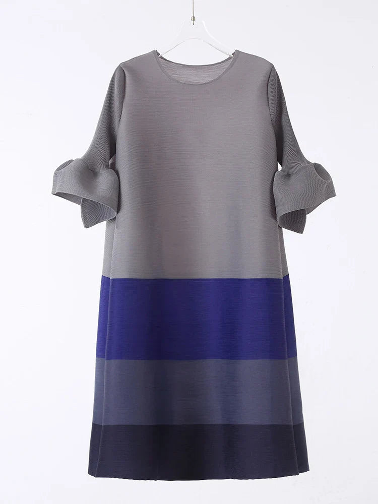 Japanese Pleated Midi Dress with Colorblock