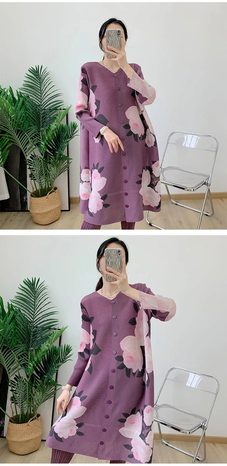 Pleated Plissé Floral Pant & Cardigan
