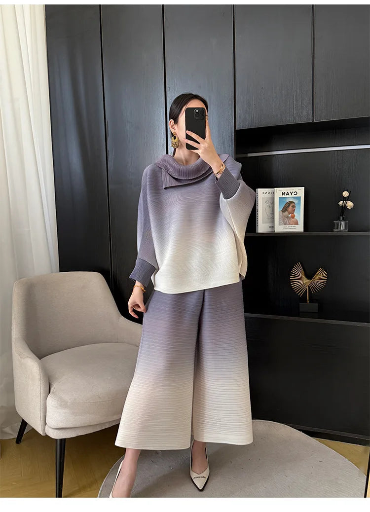 Couture Pleated Plissé Pull-On Tucked Trousers Set
