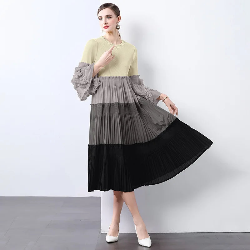 Ombre Pleated Dress - Ruffle Sleeve