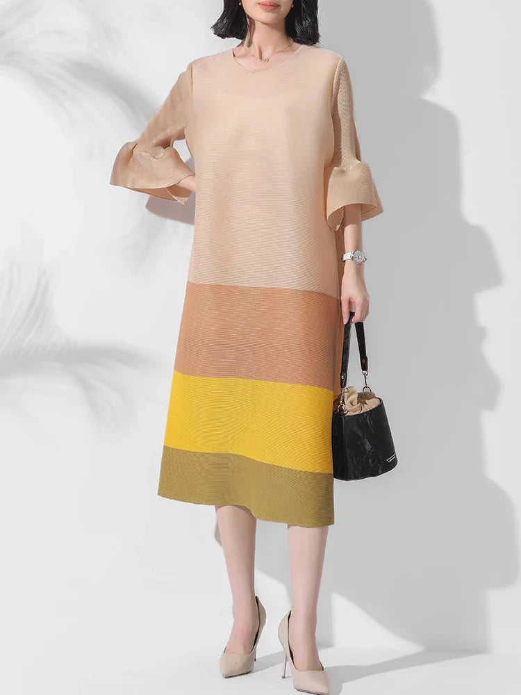 Japanese Pleated Midi Dress with Colorblock