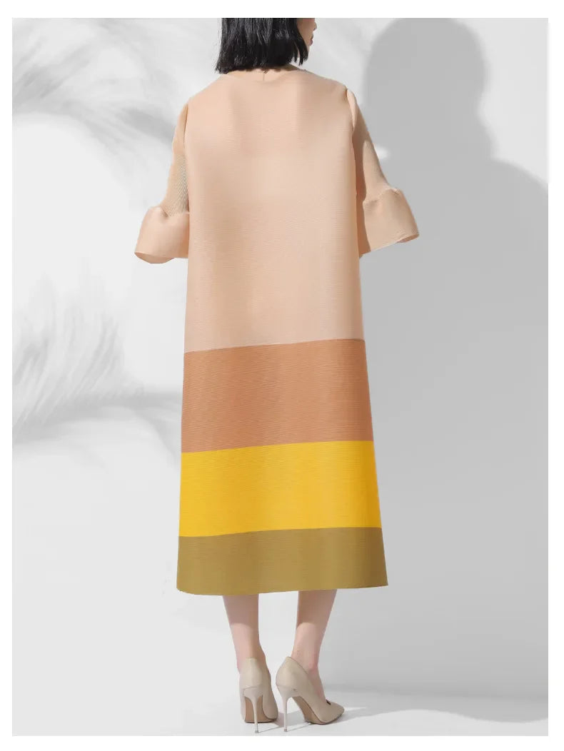Japanese Pleated Midi Dress with Colorblock
