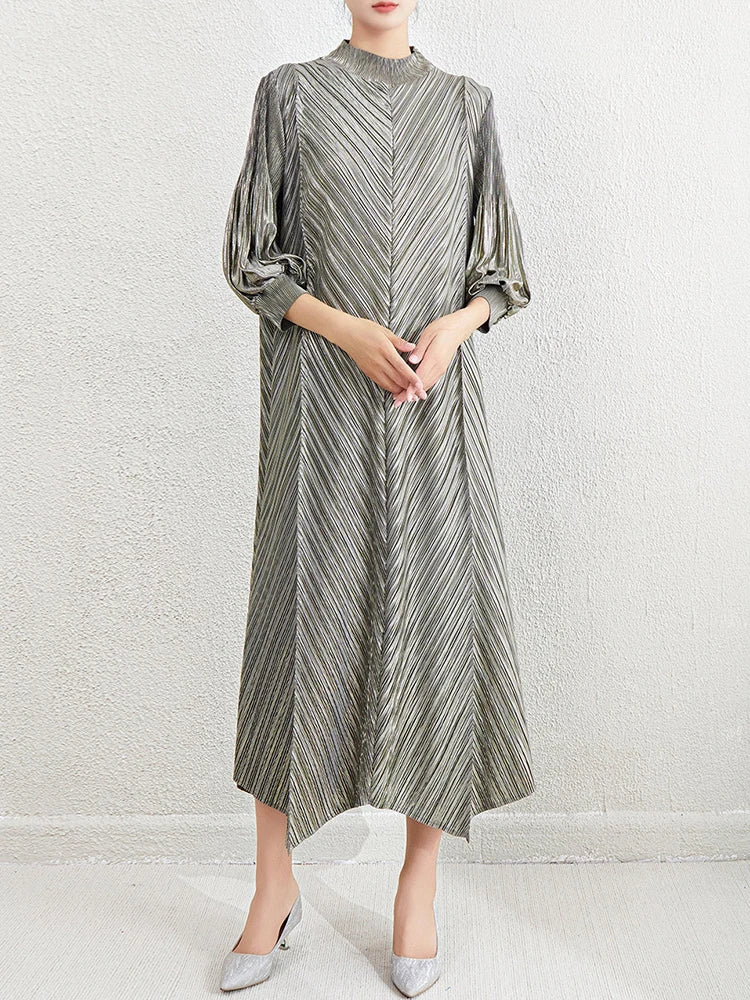 Metallic Pleated Midi Dress with Mock Neck & Bishop Sleeves