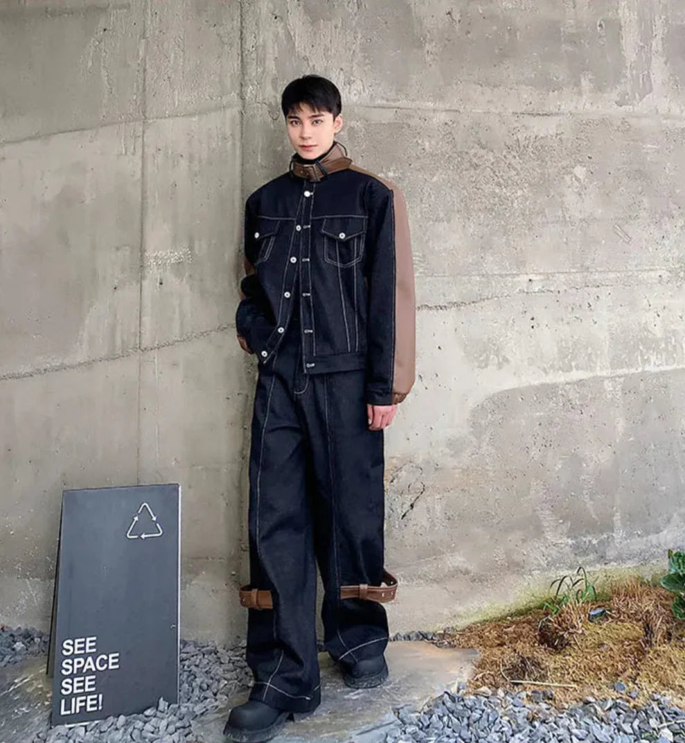 Men's Dark Denim Brown Leather 2-Piece Set