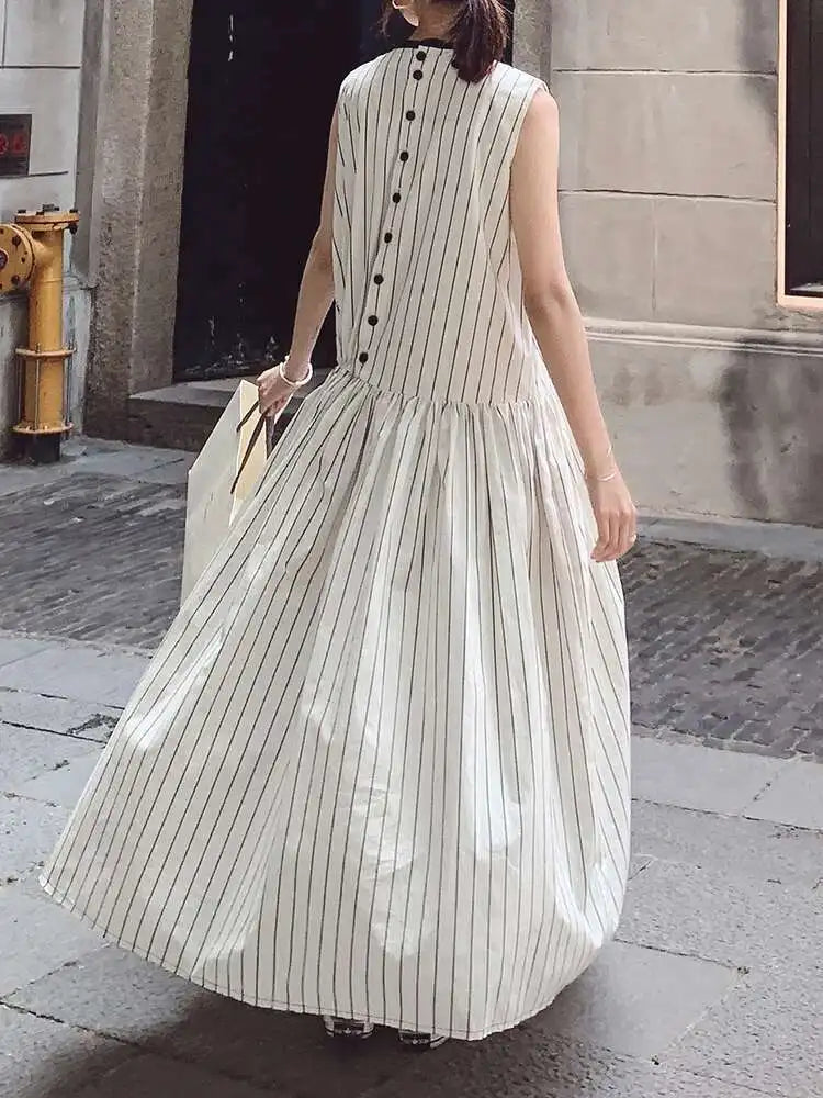 Cotton Sleeveless Striped Dress with Button Back
