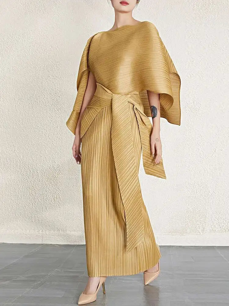 Luxury Pleated Midi Dress Cape Set