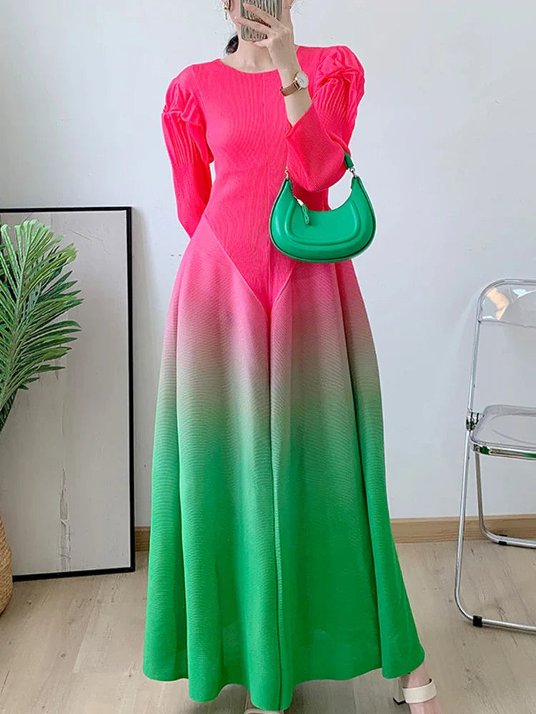 Women's Petite Long Sleeve Pleated Midi Dress