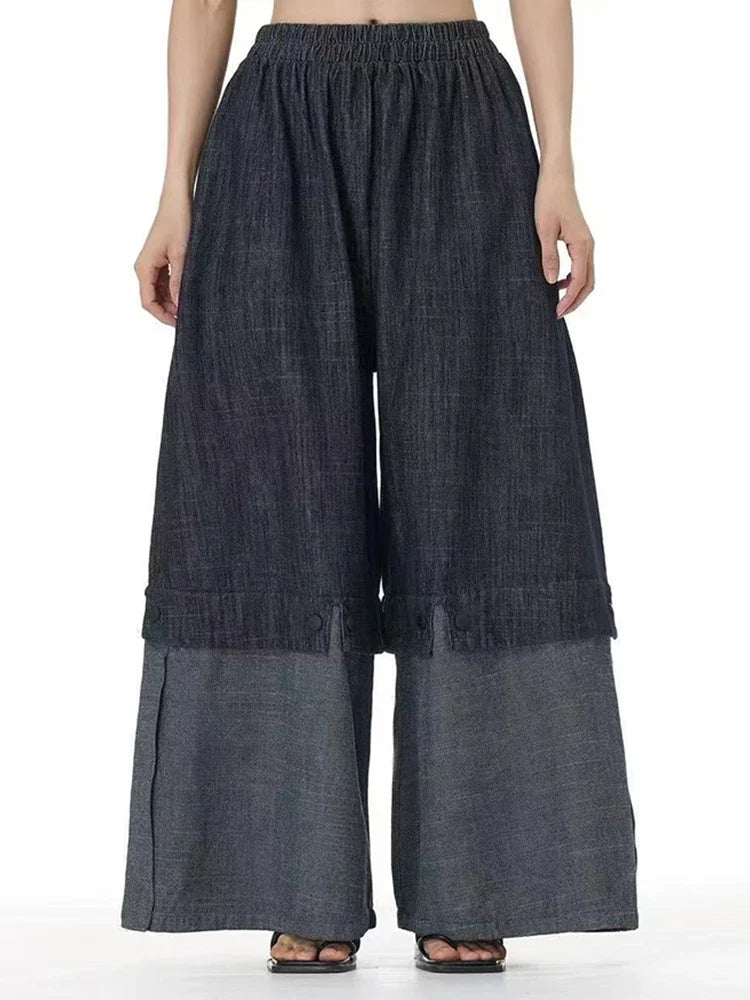 Cotton Denim Wide-Leg Pants with Elastic Waistband
