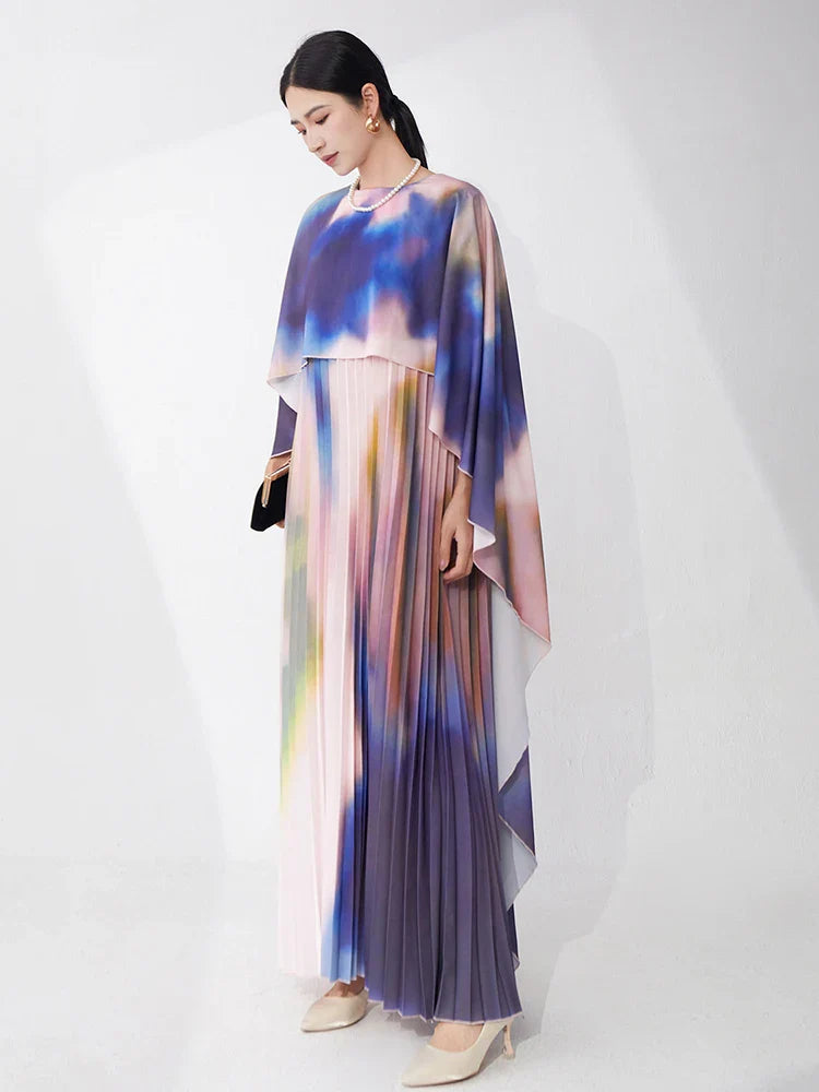 Pleated Watercolor Cape Dress