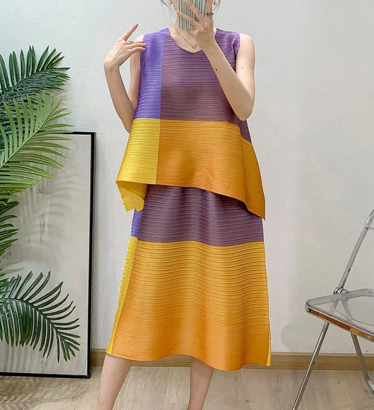Asymmetric Pleated Sleeveless Top & Skirt