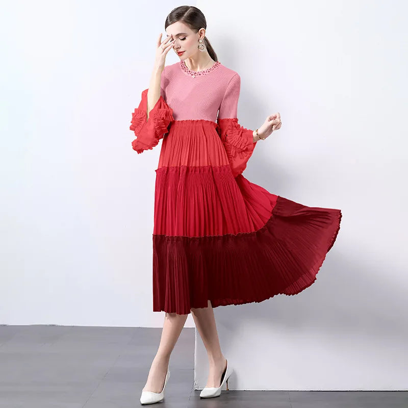 Ombre Pleated Dress - Ruffle Sleeve
