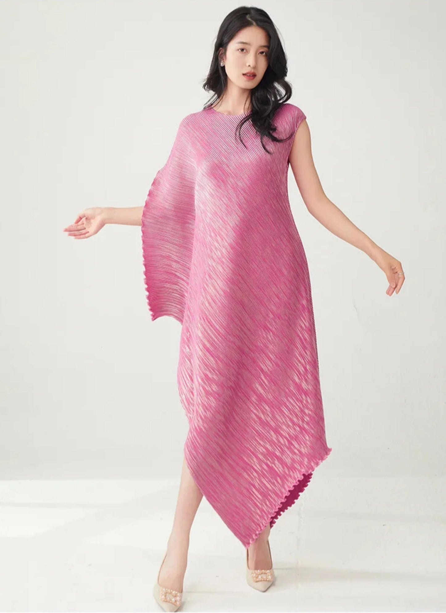 Pleated Asymmetric Dress - Unique Textured Drape