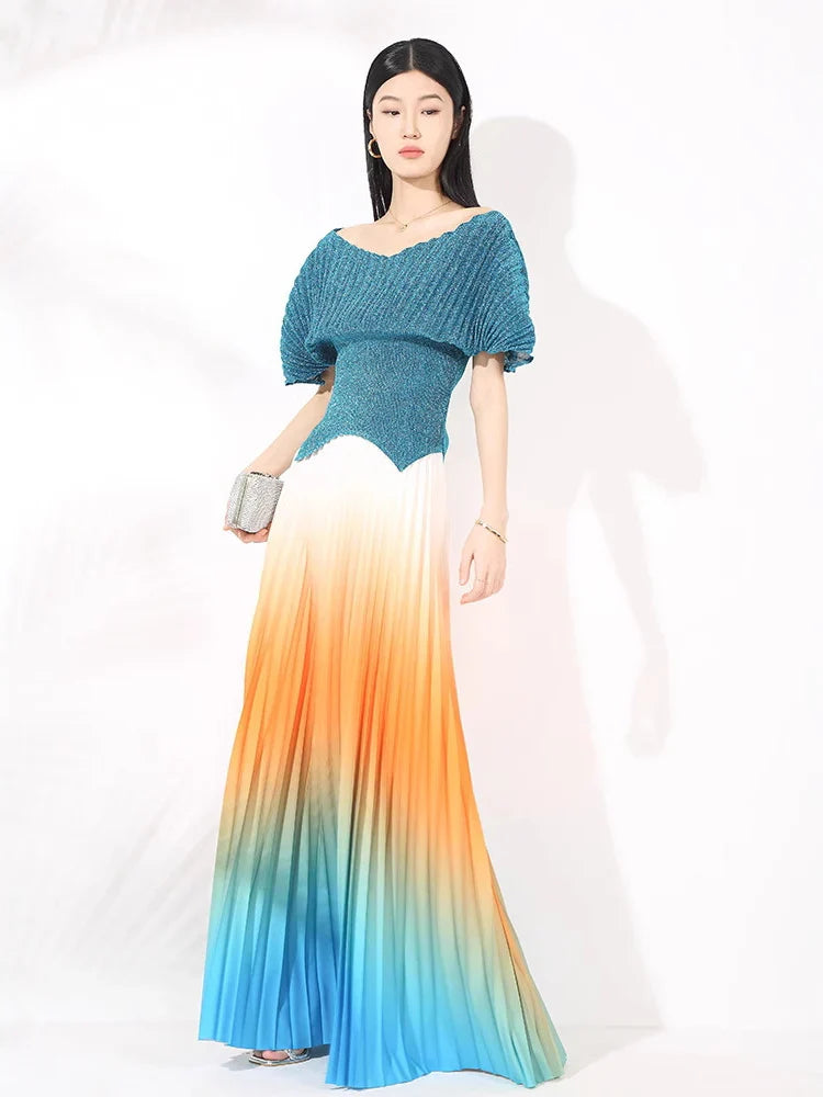Metallic Pleated Top & Plisse Maxi Skirt Set