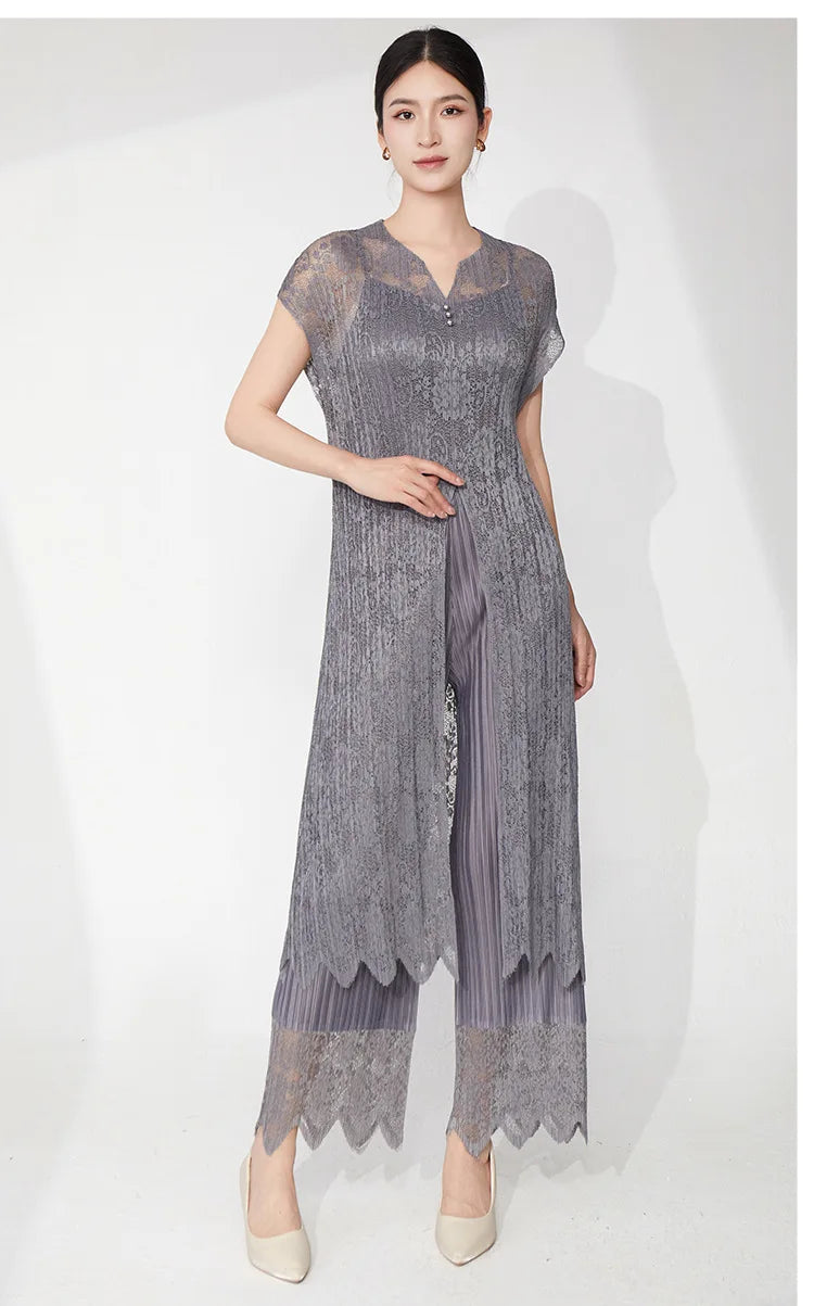 Lace Pleated Pant Suit 2-Piece Set